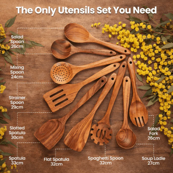 The TeakWood 9™ | Premium Non-Toxic Utensil Set